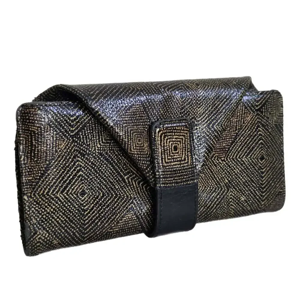 Hiroko Hayashi Black and Gold Geometric Genuine Leather Wallet Clutch